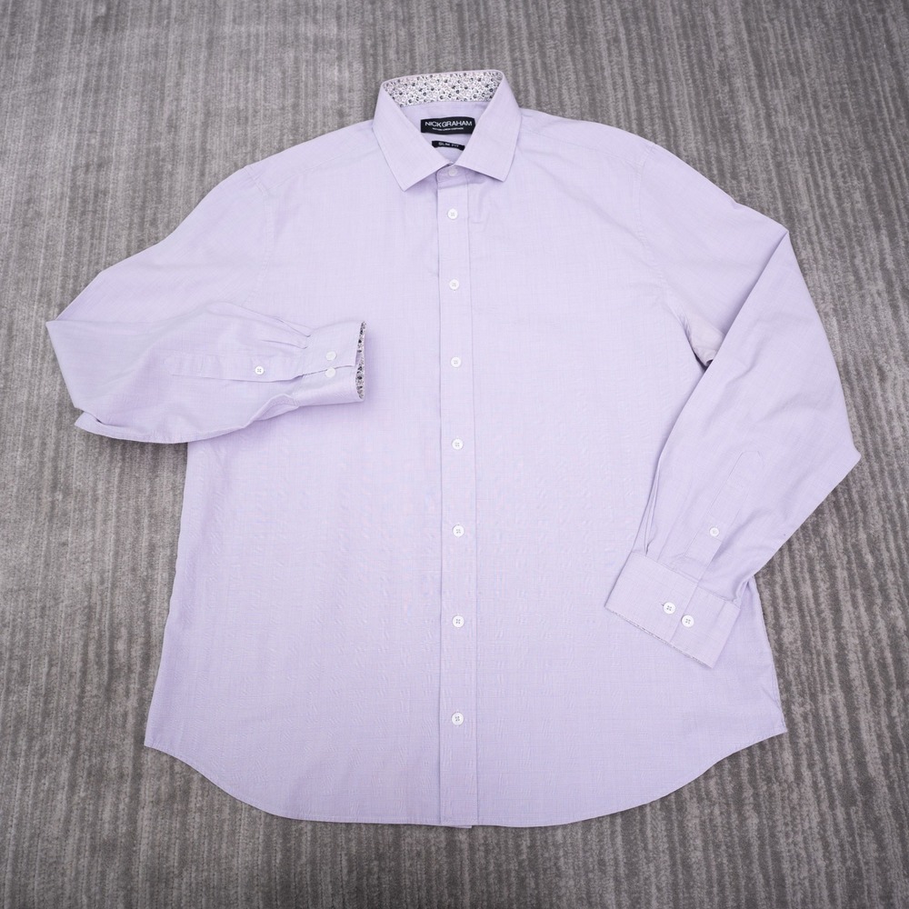 Nick Graham Dress Shirt Mens XL Purple Exc Slim Fit Floral Trim Long Sleeve